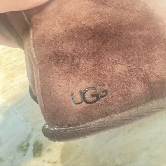 UGG Brown Ankle Boots with White Pom Poms - Picture 3 of 7